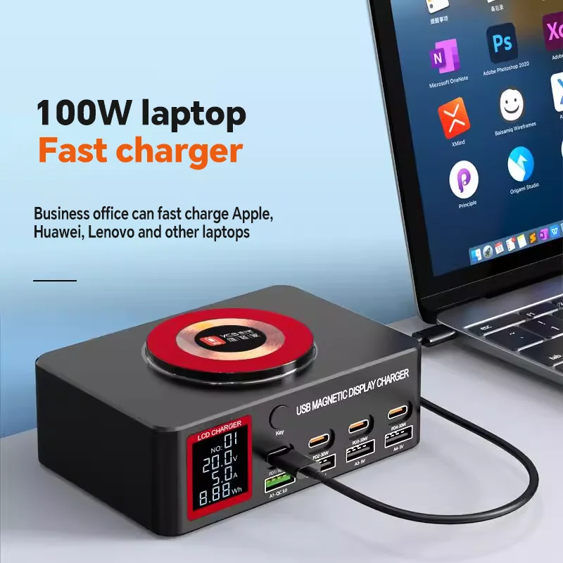 YCS S500/S550/S600 شاحن USB متعدد 8 منافذ مع شحن لاسلكي مغناطيسي 15 وات محطة PD 100WQC للهواتف أدوات شحن سريع