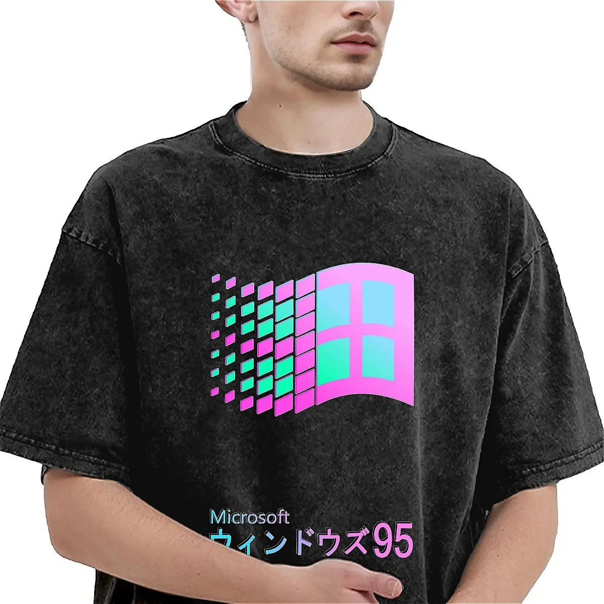 Windows 95 Washed T Shirt Couple Vaporwave Gradient Aesthetic Y2K Loose T Shirts O-Neck Fashion Tee Shirt Print Big Size Tops