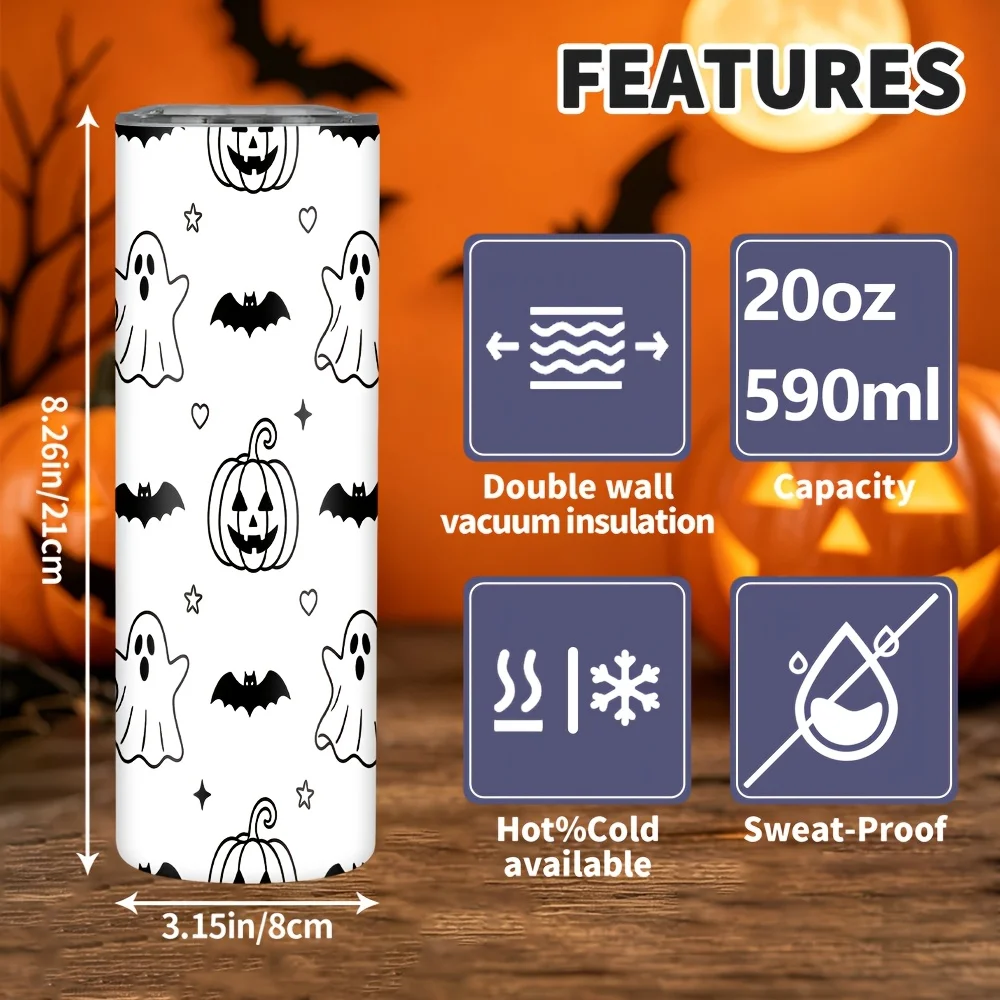 1pc/20Oz/590Ml/Double Wall Stainless Steel Insulated Skinny Tumbler with Straw And Lid, Outdoor Travel Coffee Mug, Halloween Themed Ghost Bat Jack O Lantern Star Heart Pattern Festive Holiday Gift, Perfect for Holiday Celebrations