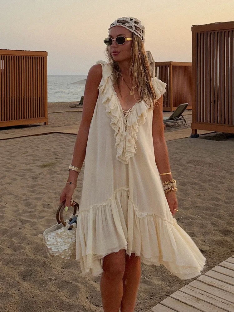 HH Moda Feminina Vestidos Soltos Sem Mangas Sólidos Com Decote Em V Sem Encosto Arco Lace-Up Feminino Verão Casual Em Camadas Mini Vestido