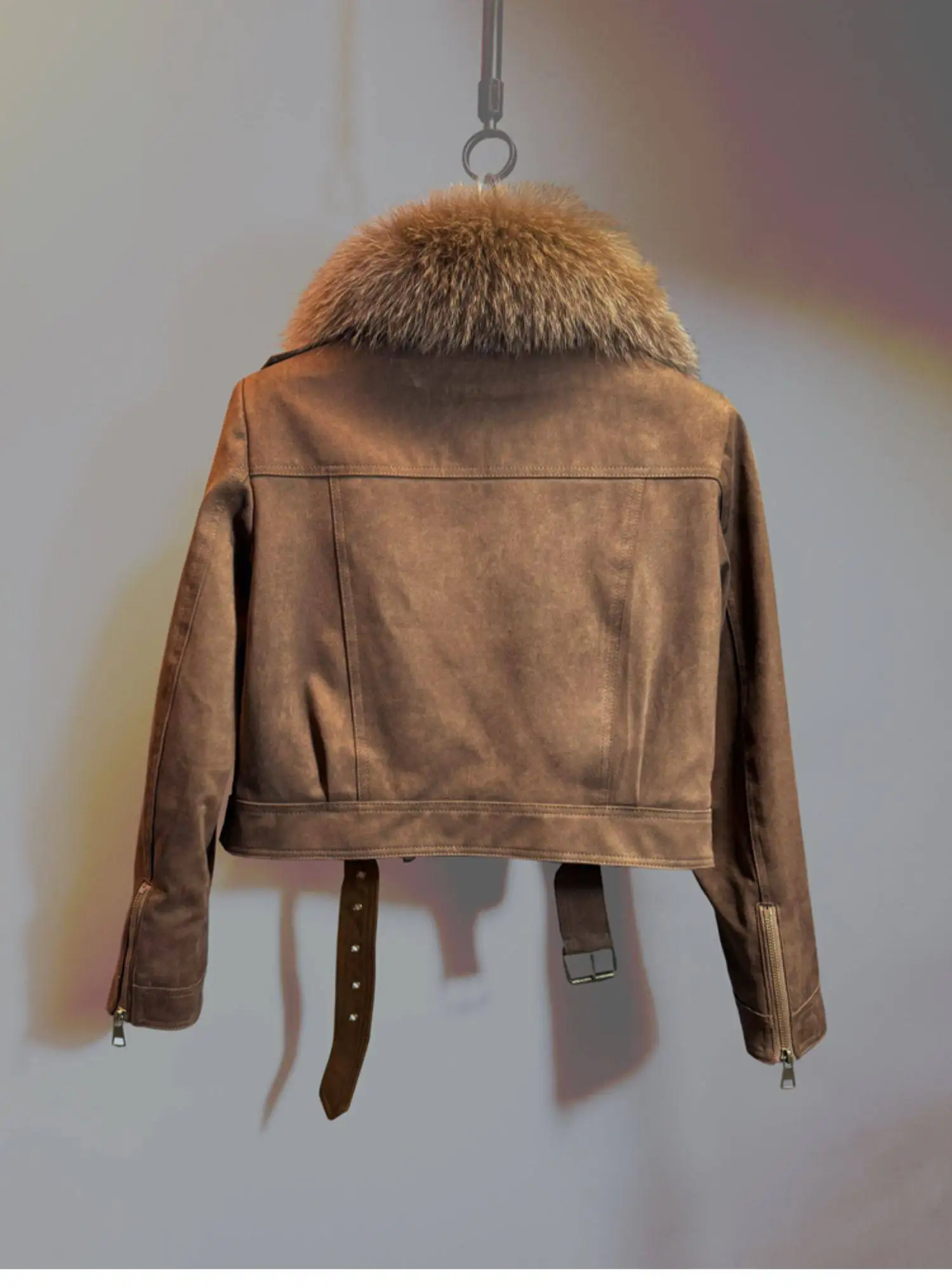 Fashion Women's Short Down Suede Jacket Korean Retro Slim Moto Down Jacket Real Fox Fur Collar Warm Winter Outerwear