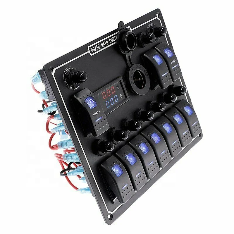 

10-бандовый водонепроницаемый для автомобиля, лодки, морской яхты, автофургона, светодиодный кулисный переключатель переменного/постоянного тока, панель с двойным контролем мощности, защита от перегрузки