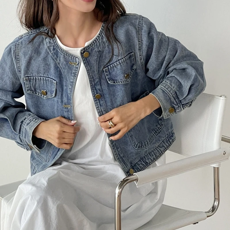 

2024 Ropa Mujer O-neck Long Sleeve Vintage Outwear Crop Tops Fashion Streetwear Short Denim Jacket for Women Korean Y2k Coats