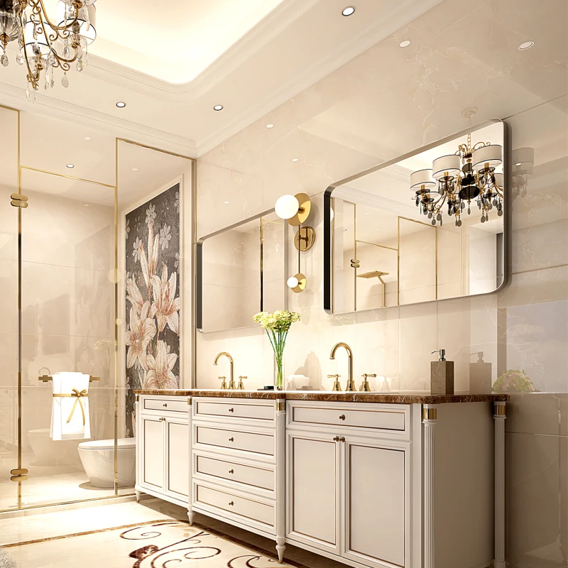 40x30インチ ブラッシュシルバー 角丸 長方形 浴室ミラー 壁掛け式 金属フレーム 壁掛け式 浴室ミラー 化粧台用