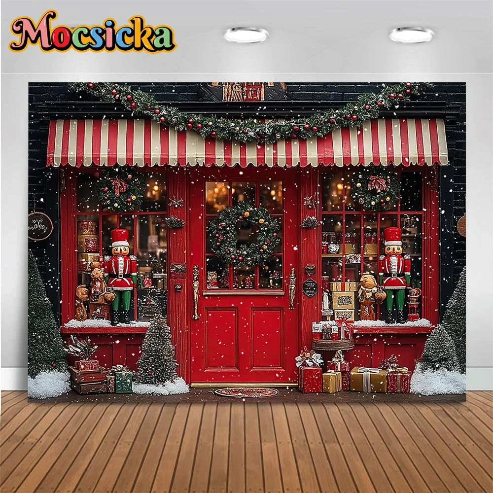 

Red Christmas Store Background Photography Santa Gift Workshop Nutcracker Soldiers Snowy Backdrop Winter Kids Photoshoot Studio