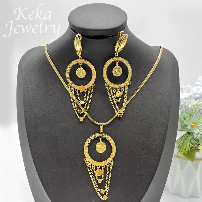 African Luxury Woman Jewelry Set America Dubai Necklace Delicacy Earring Pendant Gold Plating Sets For Wedding Party Gifts