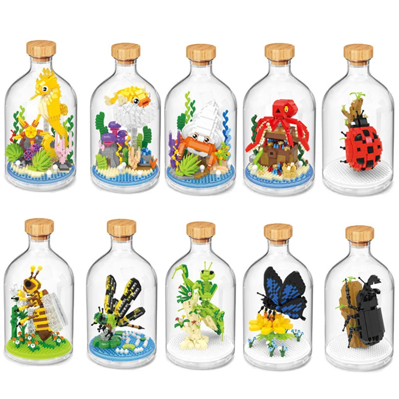 New Product Simulation Animal Series Creative Children's Toys Bottled Building Blocks Flamingo Seahorse Educational Gift Model