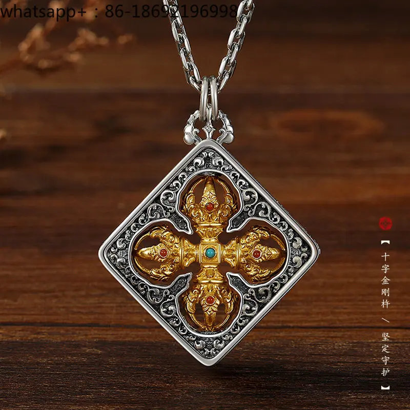 Cross Vajra Pestle Pendant Men's Sterling Silver Retro Rotatable Time-running Necklace Pendant