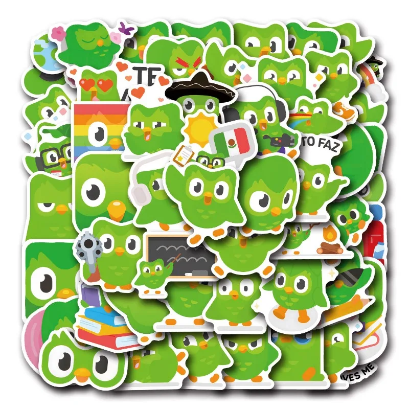 Cartoon Duolingo Pacote de adesivos decorativos, Diversão adesivos criativos, mala, copo de água, papelaria, telefone móvel, diversão, 55pcs