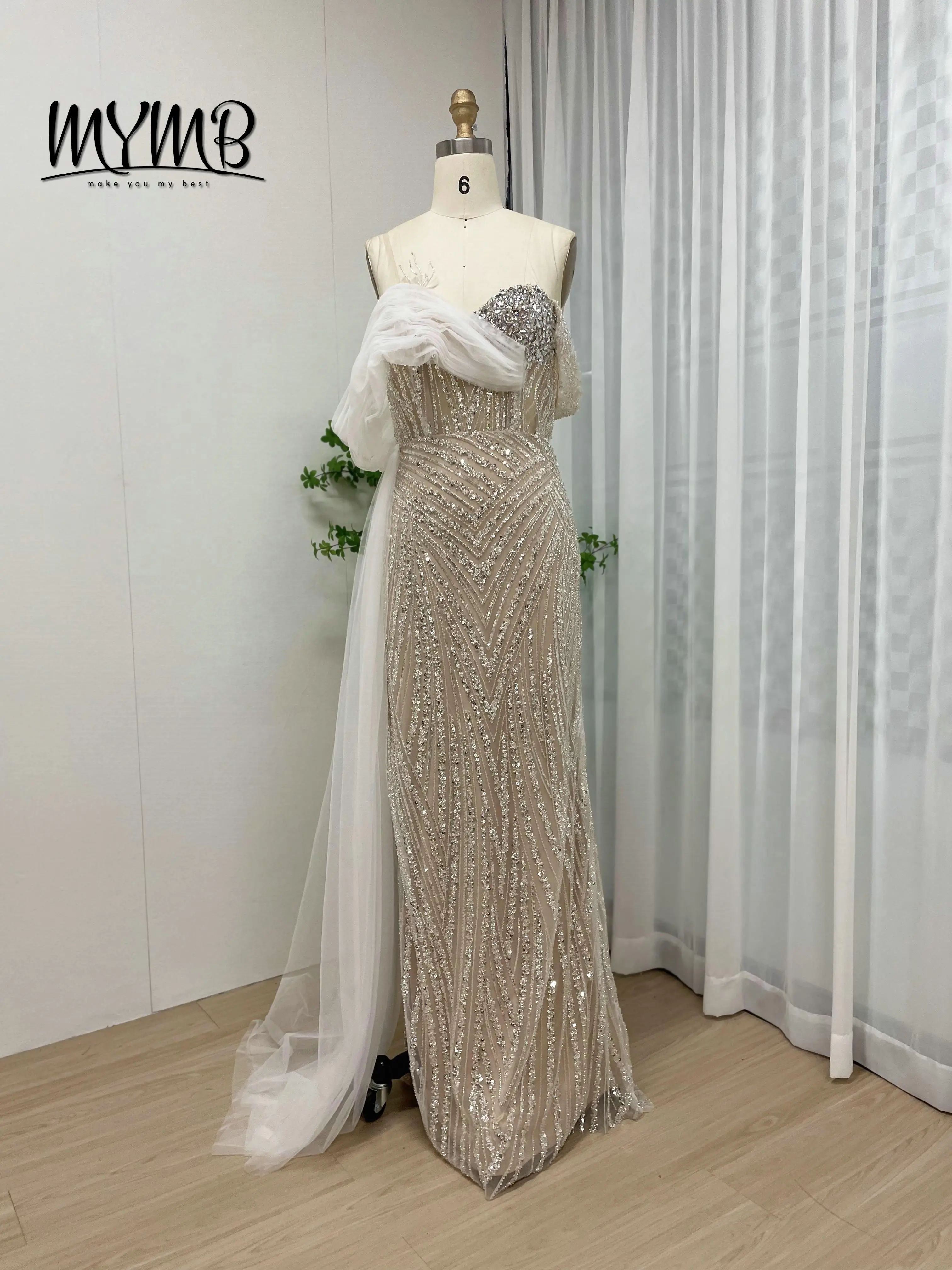 MYMB فاخر الأزرق حورية البحر عالية الشق قبالة الكتف ثوب مسائي فساتين مطرز مطرزة مأدبة رسمية ثوب MY30093