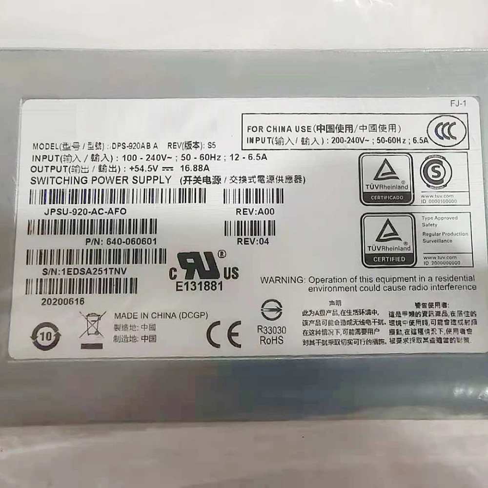 EX3400-48P 920W For Juniper Power Supply JPSU-920-AC-AFO DPS-920AB A 640-060601