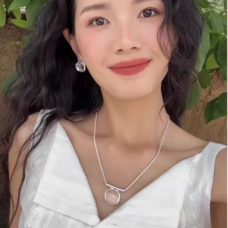 New Irregular Transparent White Crystal Pendant Necklace Earrings Rings for Women Versatile Summer Collar Chain M451