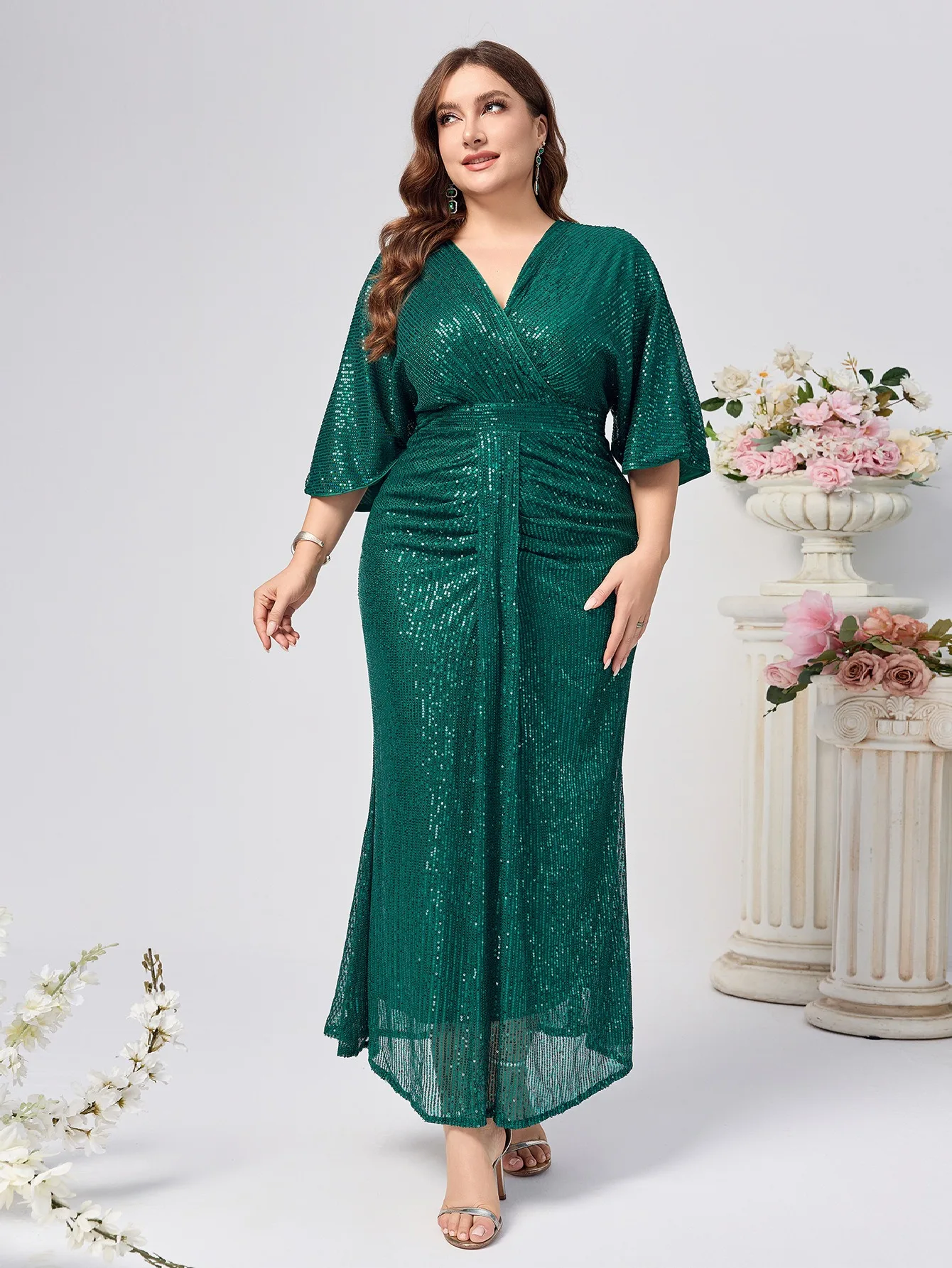 Plus size feminino vestido de lantejoulas elegante com decote em v babados mangas curtas vintage lápis plissados fino ajuste moda banquete cocktail vestido