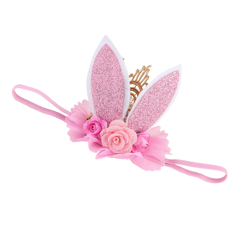 

Cute Rabbit Ears Crown Hairband Floral Design Girls Headwear Comfortable Elastic Band Everyday Wear Special Occasions Light Pink