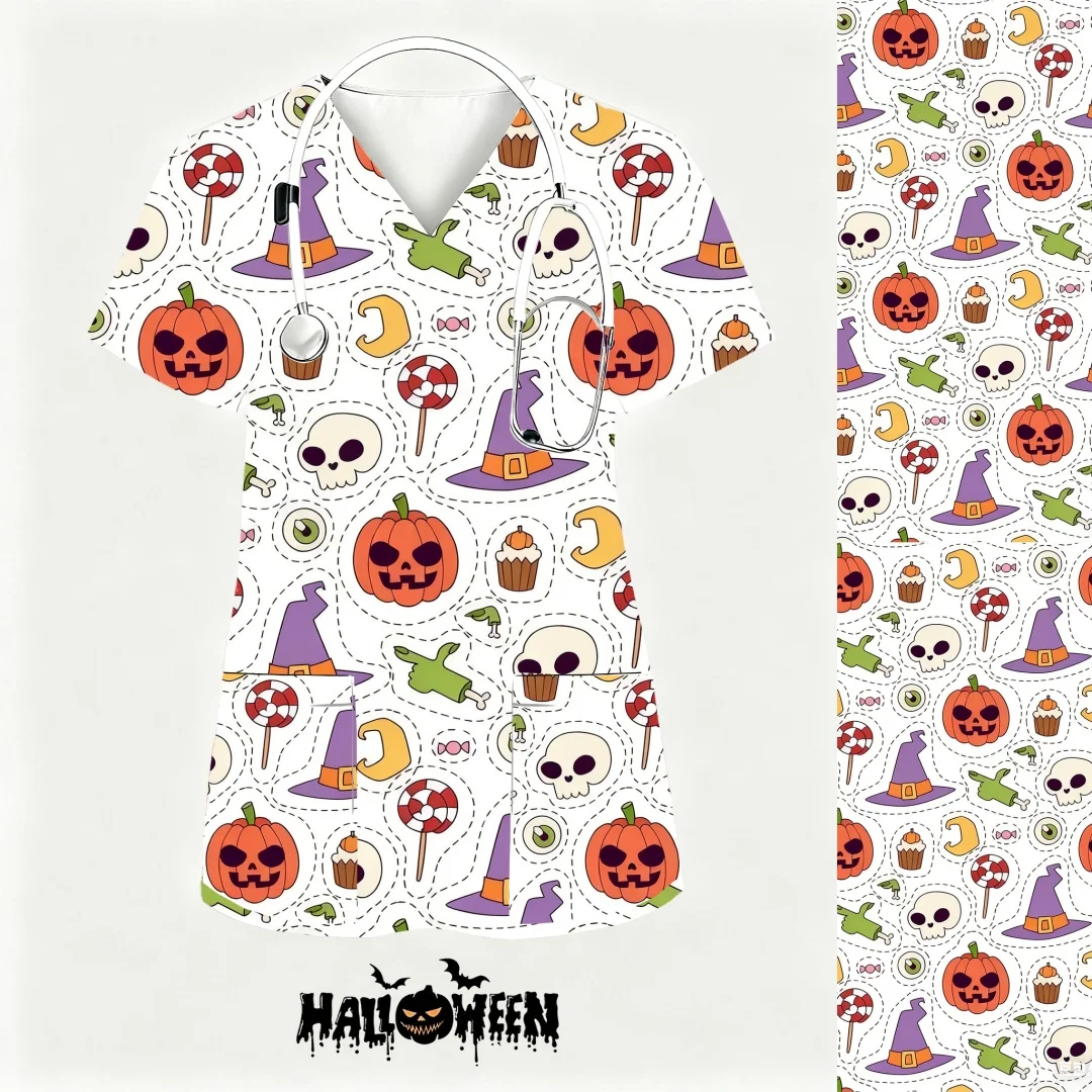 Halloween Printed Scrub Tops Women Pet Clinic Work Surgical Uniforms Woman Nurse Uniform Uniformes Quirúrgicos Mujer 2025 New