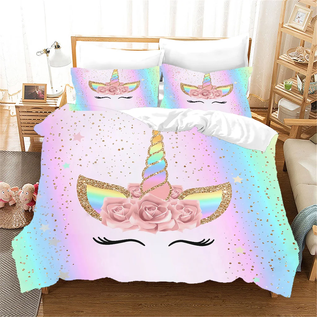 Colorful Cartoon Cute Rainbow Unicorn Series Kids Girls 3pcs Polyester Bedding Sets  Bed Duvet Cover Set and 2pcs Pillow cover