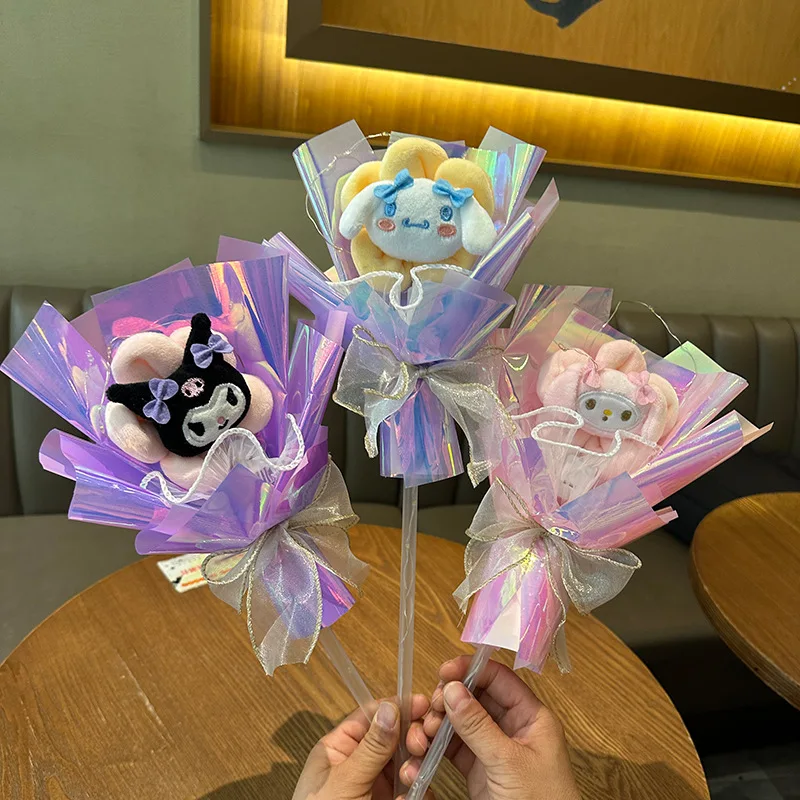 Hot Sparkling Fairy Stick Doll Bouquet Sanrio Kt Kuromi Strawberry Bear Donald Duck Cartoon Bouquet For Children Birthday Gift