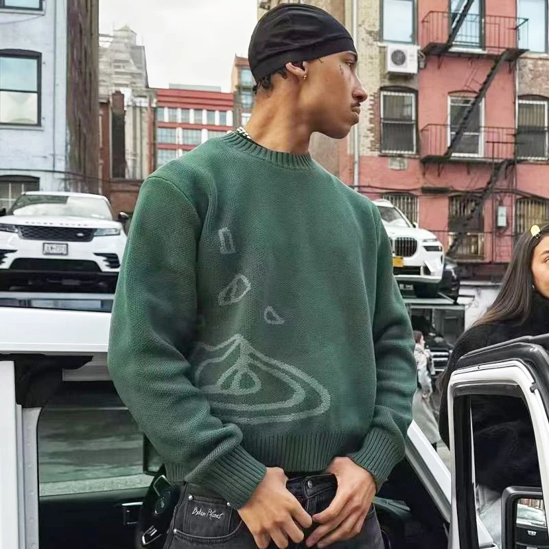 Pull tricoté à col rond avec Logo brodé en Jacquard, dessin animé, Style de rue américain, tricot assorti pour Couple, automne et hiver