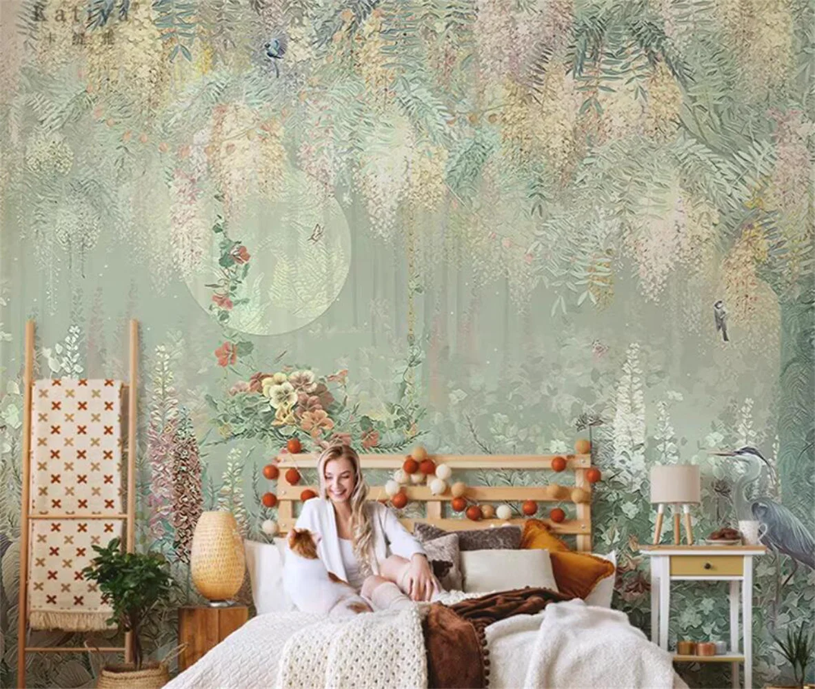 

Американская ручная роспись маслом цветочные обои французская гостиная ТВ фон настенная живопись диван обои