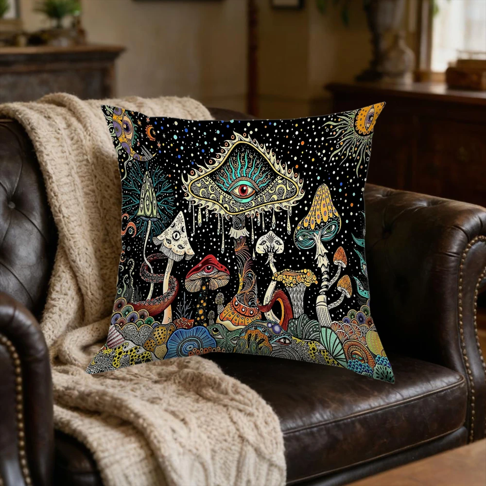 1Pc Psychedelic Mushroom Black Starry Sky Eye Print Cushion Cover Soft Breathable Fabric for Sofa Bed