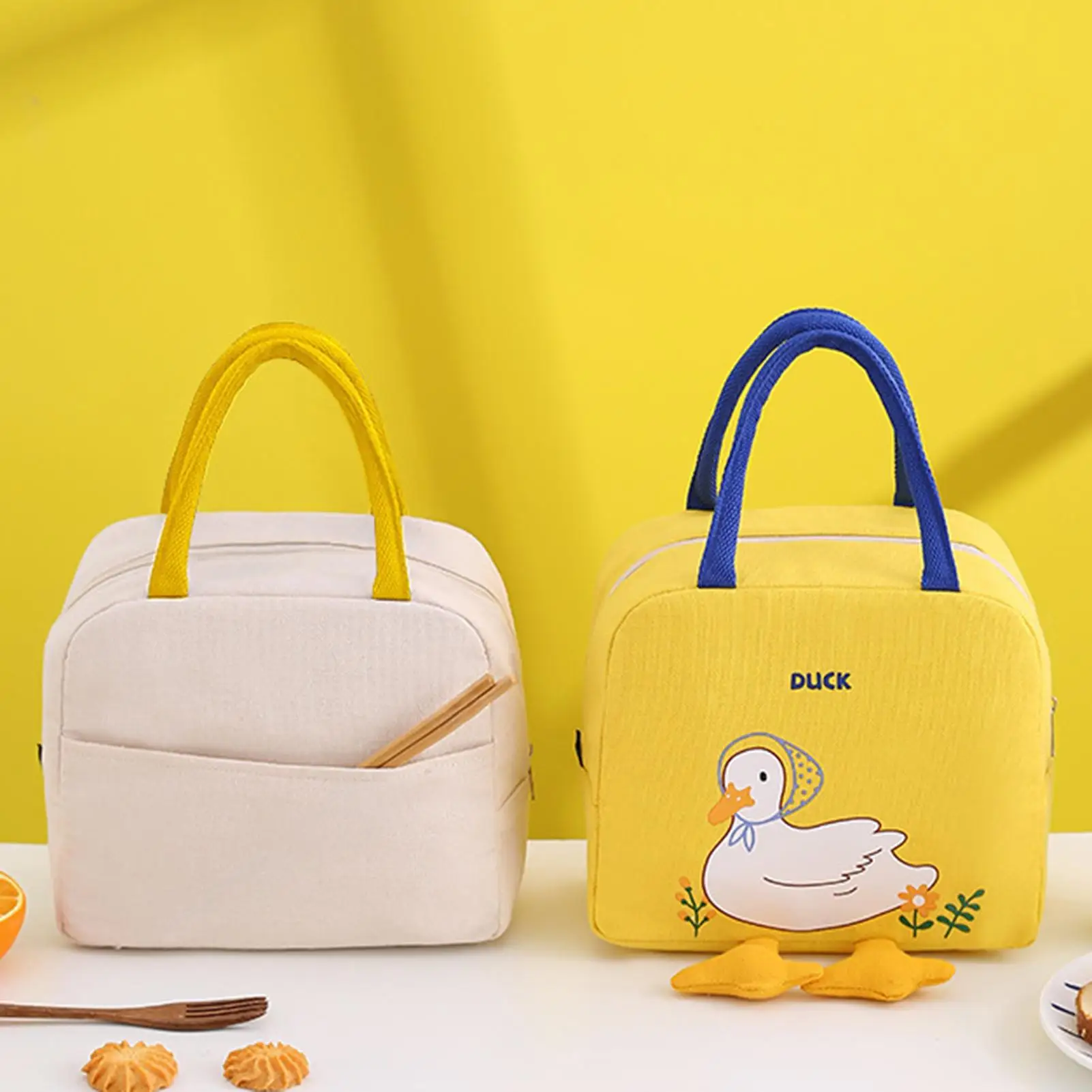 Cute Duck Patterns Lunch Box Large Capacity Wear-resistant Canvas Smooth Zipper Insulated Lunchbox For Students Office Workers
