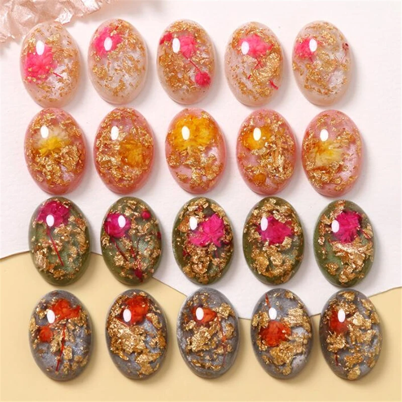 10Pcs/Lot New Dry Flower Gold Leaf Oval Resin Beads Charm Connectors For Diy Earrings Hair Phone Case Jewelry Making Accessories