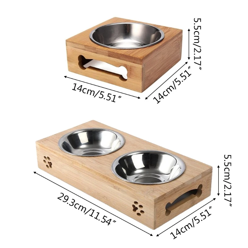 LXAF Elevated Dog Bowl Bamboo Feeder Dog Dishes with 2 Stainless Steel Bowls Help the Stomach Digest the Food Gift for Pet D