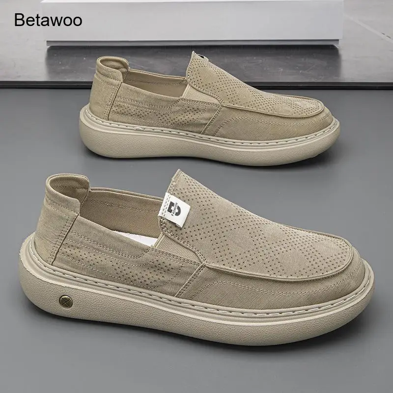Mens Beige Breathable Slip On Casual Shoes Hollow Out Thick Sole Loafers