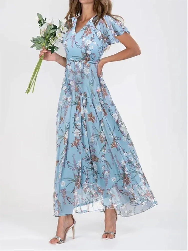 

Women Elegant Ruffle Short Sleeve V Neck Long Dresses Summer Fashion Flower Print High Waist Dress Female New Casual Party Gown