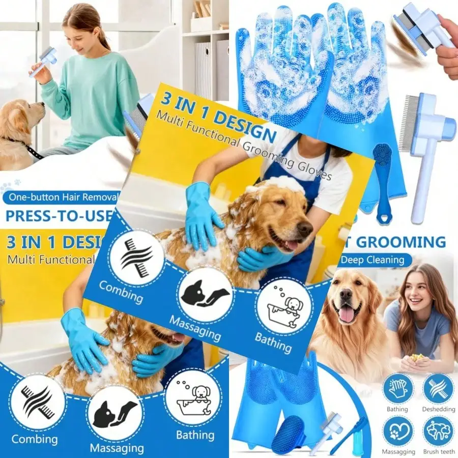 6PCS Dog Washing Gloves Pet Grooming Gloves Dog Bath Plies Dog Bath Brush Silicone Gloves For Dogs And Cats Bathing Dog Comb Dog Toothbrush