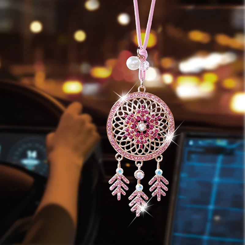 Fashionable Diamond Studded Alloy Dream Catcher Car Pendant, Exquisite Car Rearview Mirror Decoration, Car Interior Decoration