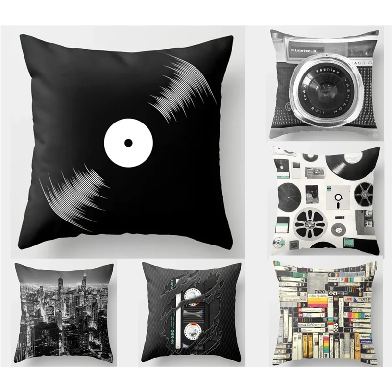 Music Pillow Cover Polyester Printed Guitar Piano Cushion Case Sofa Home Decor 45x45cm Bedroom Living Room Throw Pillowcase Gift