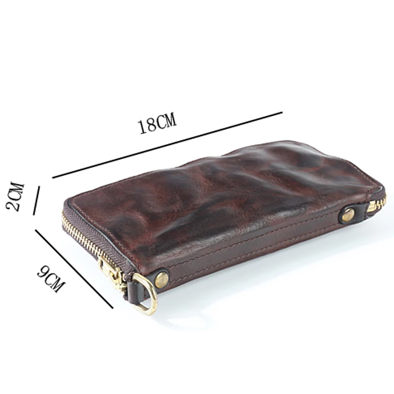 Original handmade plant tanned cow leather long purse copper chain pants men's zipper money clip vintage do old pleated clutch b