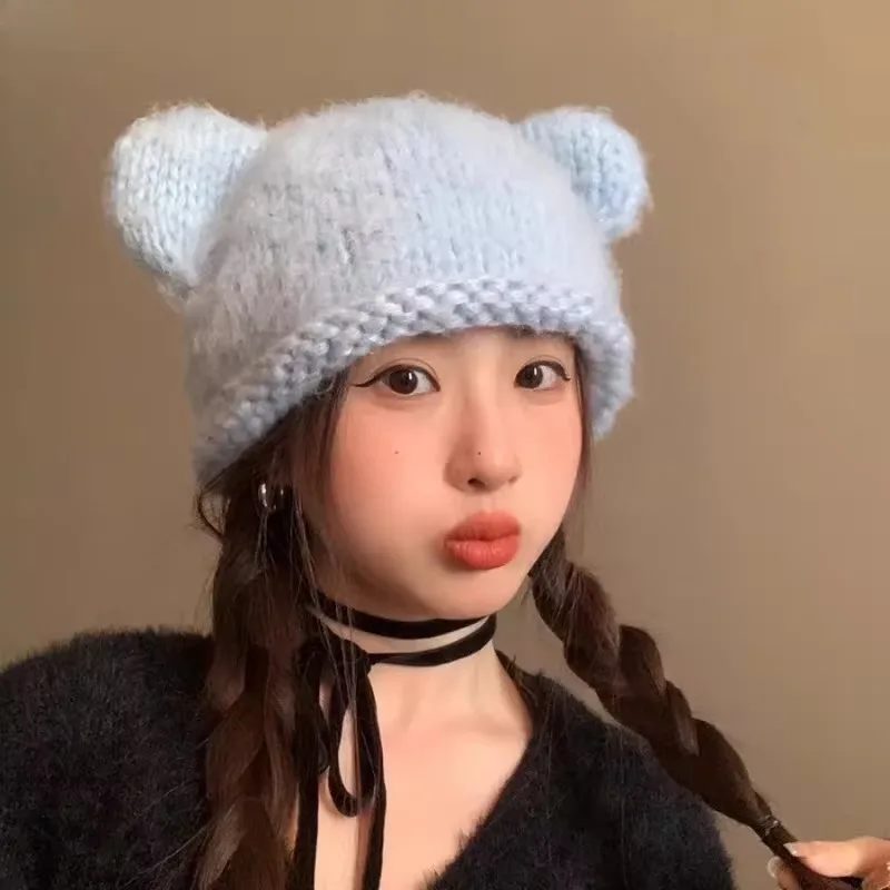 Puszysta czapka z dzianiny Mauhair Korea Y2k Bear Ears Cute Beanies Hat Kobiety Jesień Zima Ręcznie robiona szydełkowa czapka Ciepłe nakrycie głowy