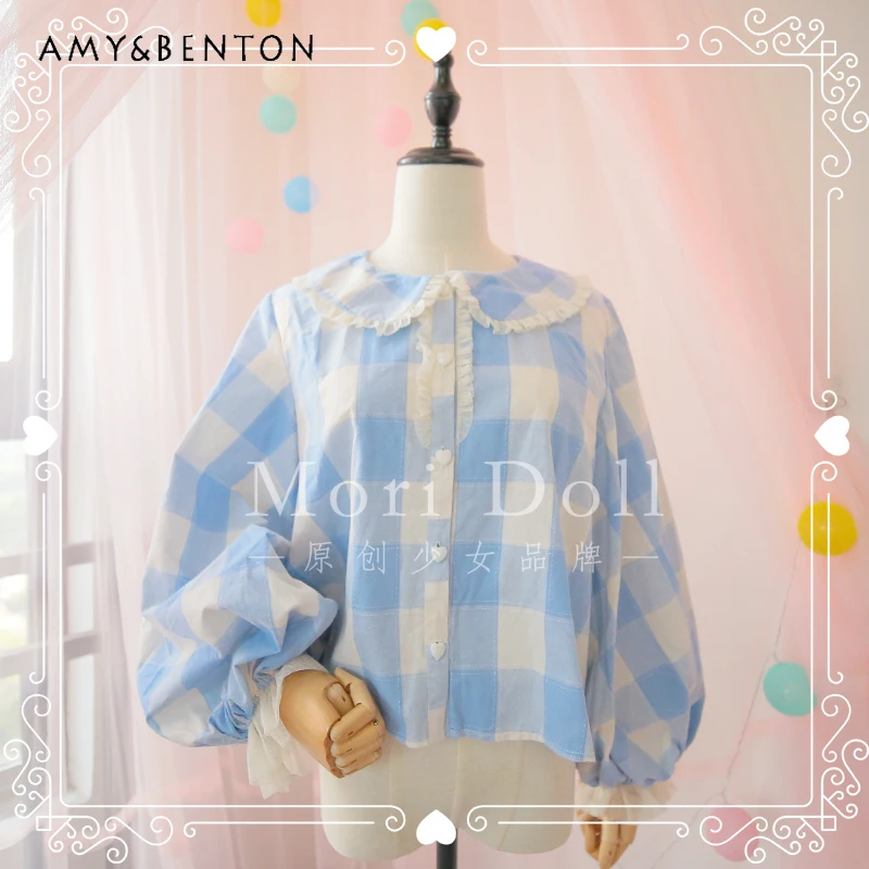 

Original Design Plaid Splicing Cake Lantern Sleeve Women's Shirt 2025 Autumn New Pure Cotton Doll Collar Long Sleeve Shirts Girl