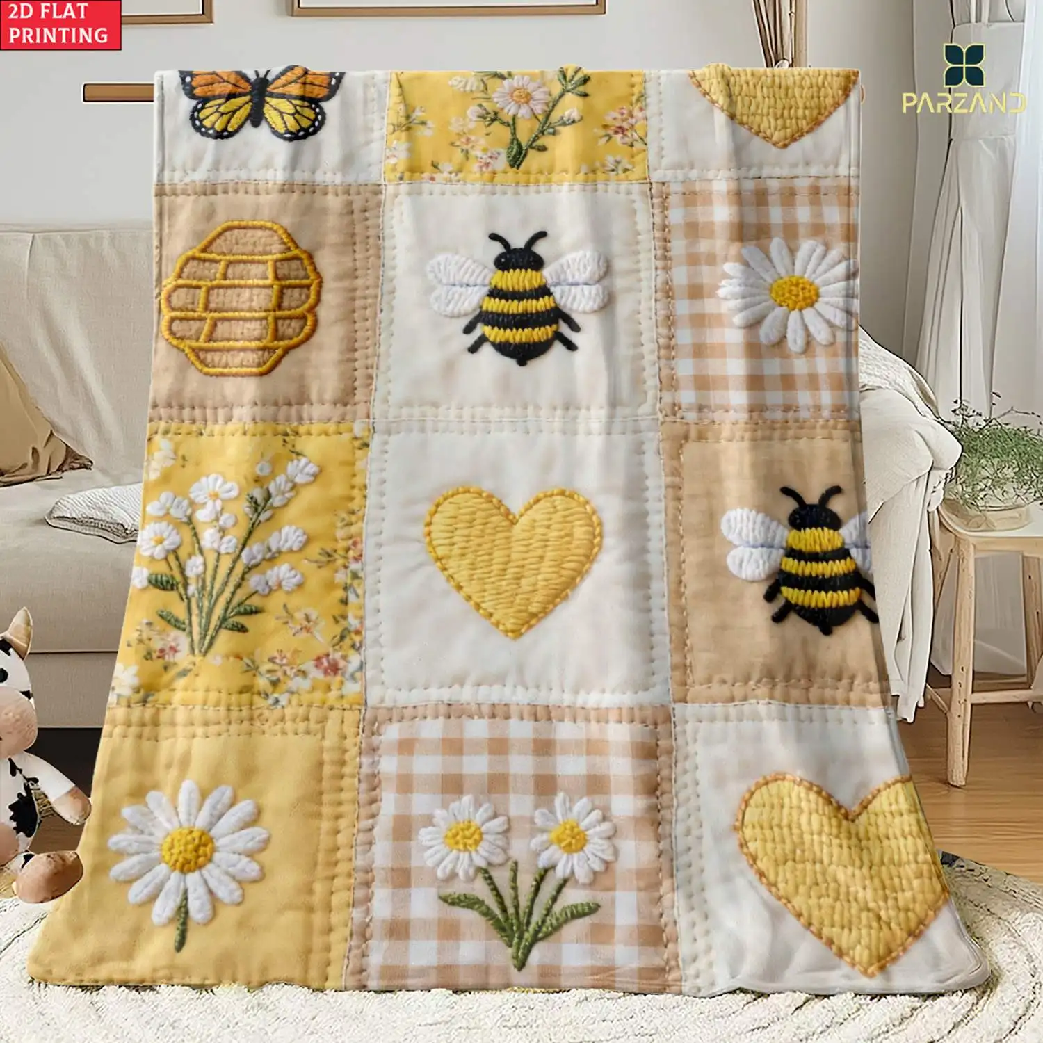 1pc Parzand Bumblebee Quilt Blanket - Ultra-Soft Lightweight Flannel Throw Suitable for Camping, Travel & Use, Bumblebee, All- C