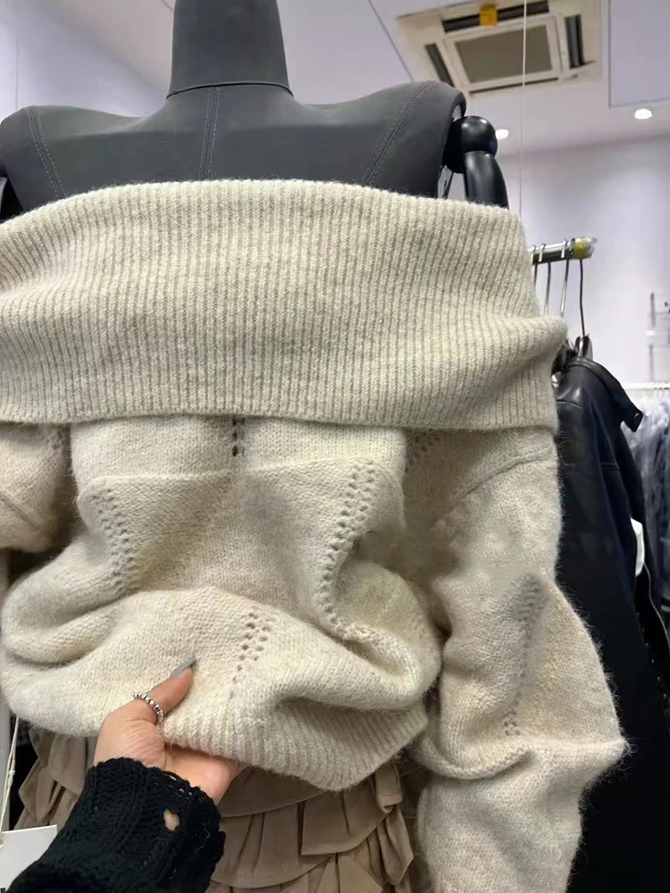 Sweter z dekoltem typu slash, dzianinowy, koreański, luźny, w stylu lazy, z odkrytymi ramionami, dzianina Y2K, jednolity kolor, uniwersalny, z długim rękawem, damski sweter