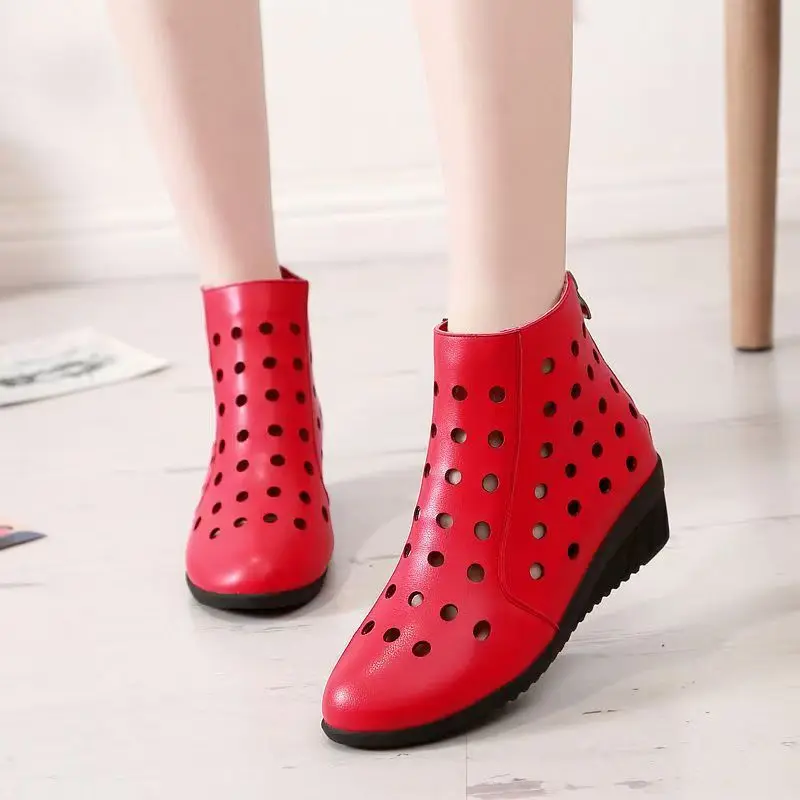 Women's Summer Leather Hollow Out Big Size Cool Boots Round Toe Breathable Soft Sole Non Slip Zippers Wedges Cave Ankle Boots
