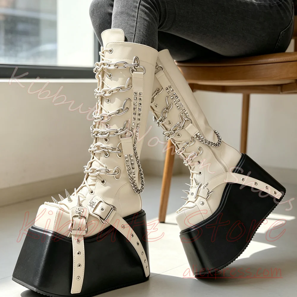 Super Platform Knee High Boot Leather Chain Spike Rivet Decor Lace Up Side Zipper Leather Punk Goth Rock Luxury Sexy Elegant New