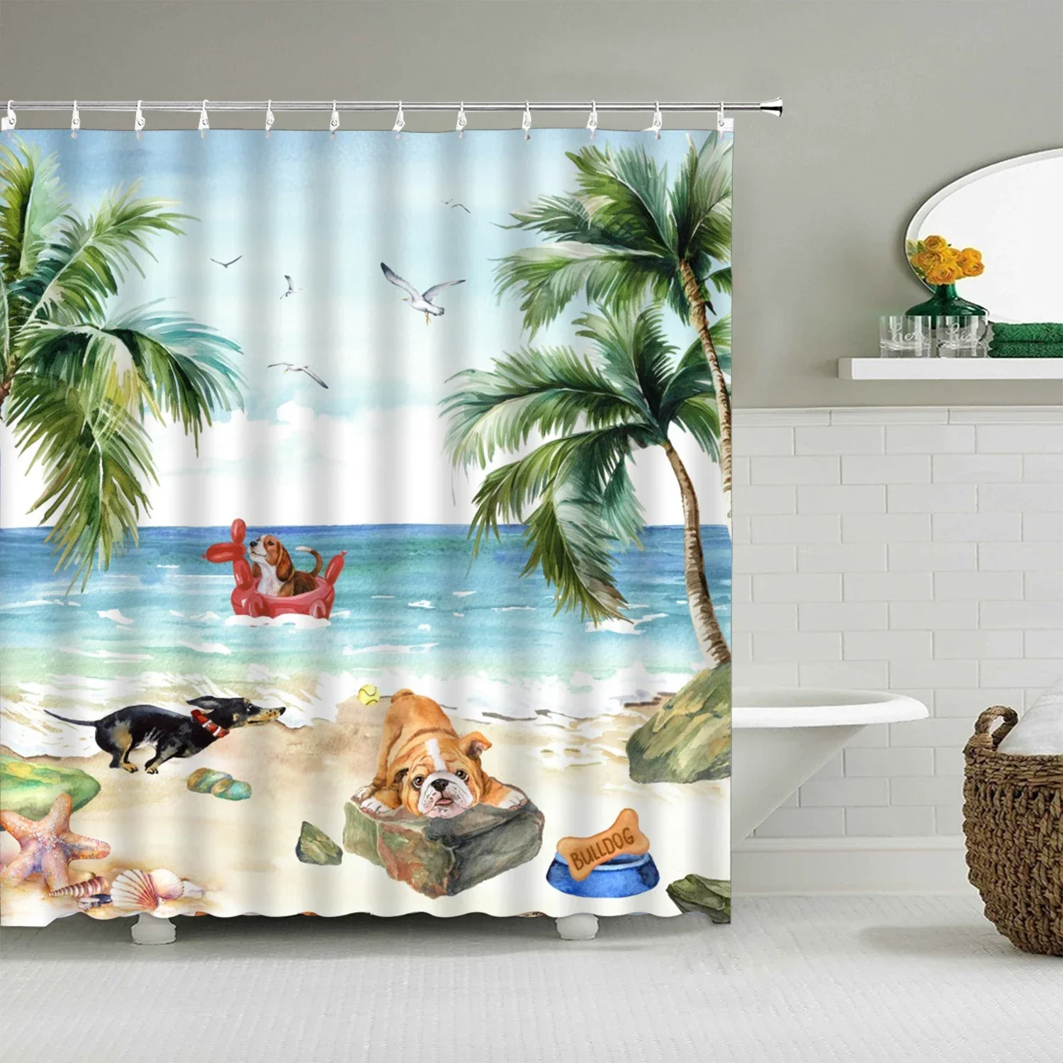 Cartoon Animal Shower Curtain, Cute In Water Cat Dog, Kids Boys Girls Polyester Fabric Bathtub Partition Bathroom Decoration