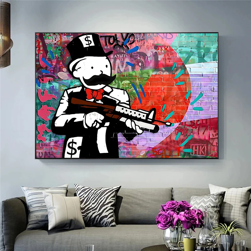 

Alec Monopolys Gun Abstract Wall Art Canvas Painting Street Graffiti Poster Print Pictures for Modern Living Room Home Decor