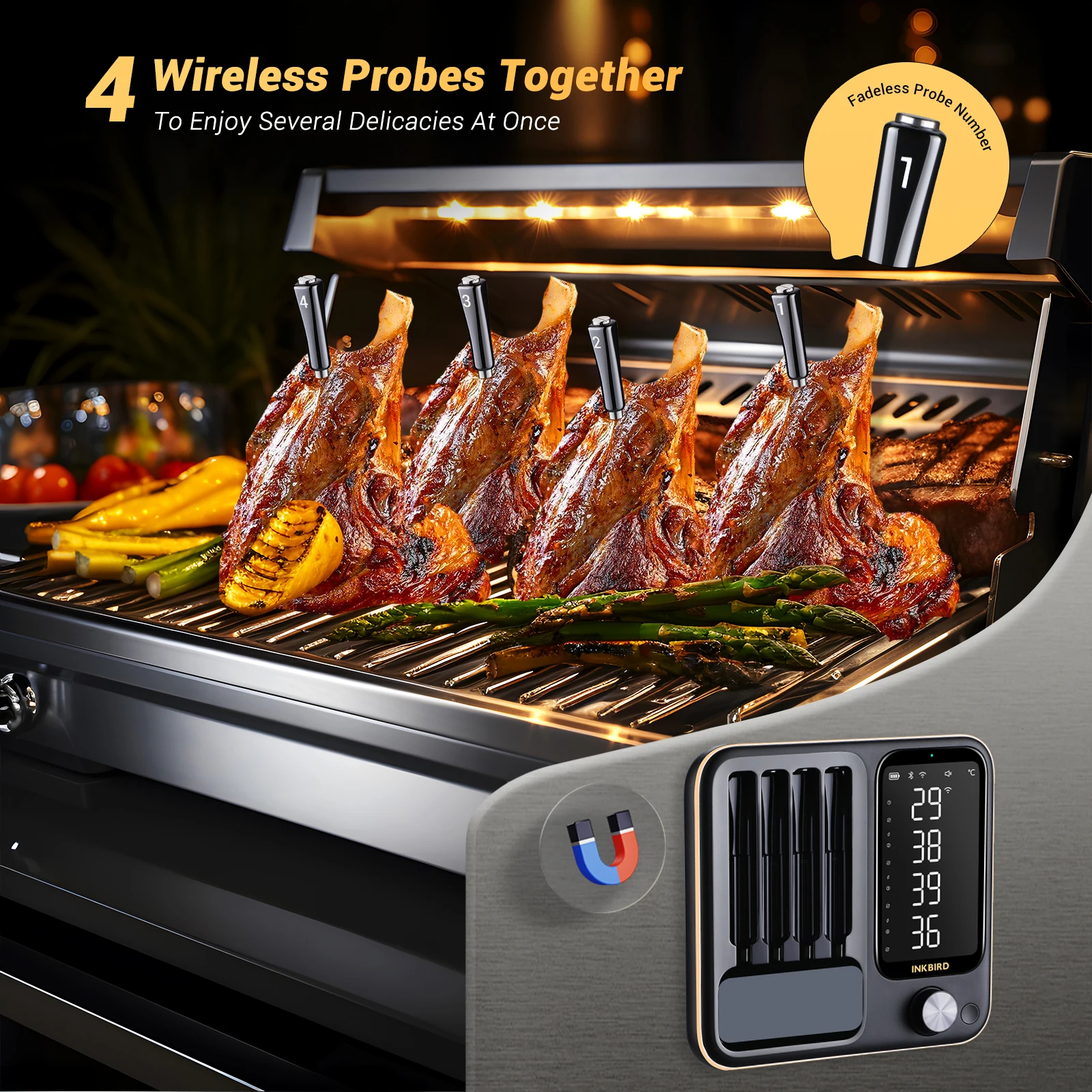 INKBIRD INT-14-BW Three-Mode Wireless WiFi Bluetooth Meat Thermometer IP67 & 4Probes Smart Food Thermometer for BBQ, Grill, Oven