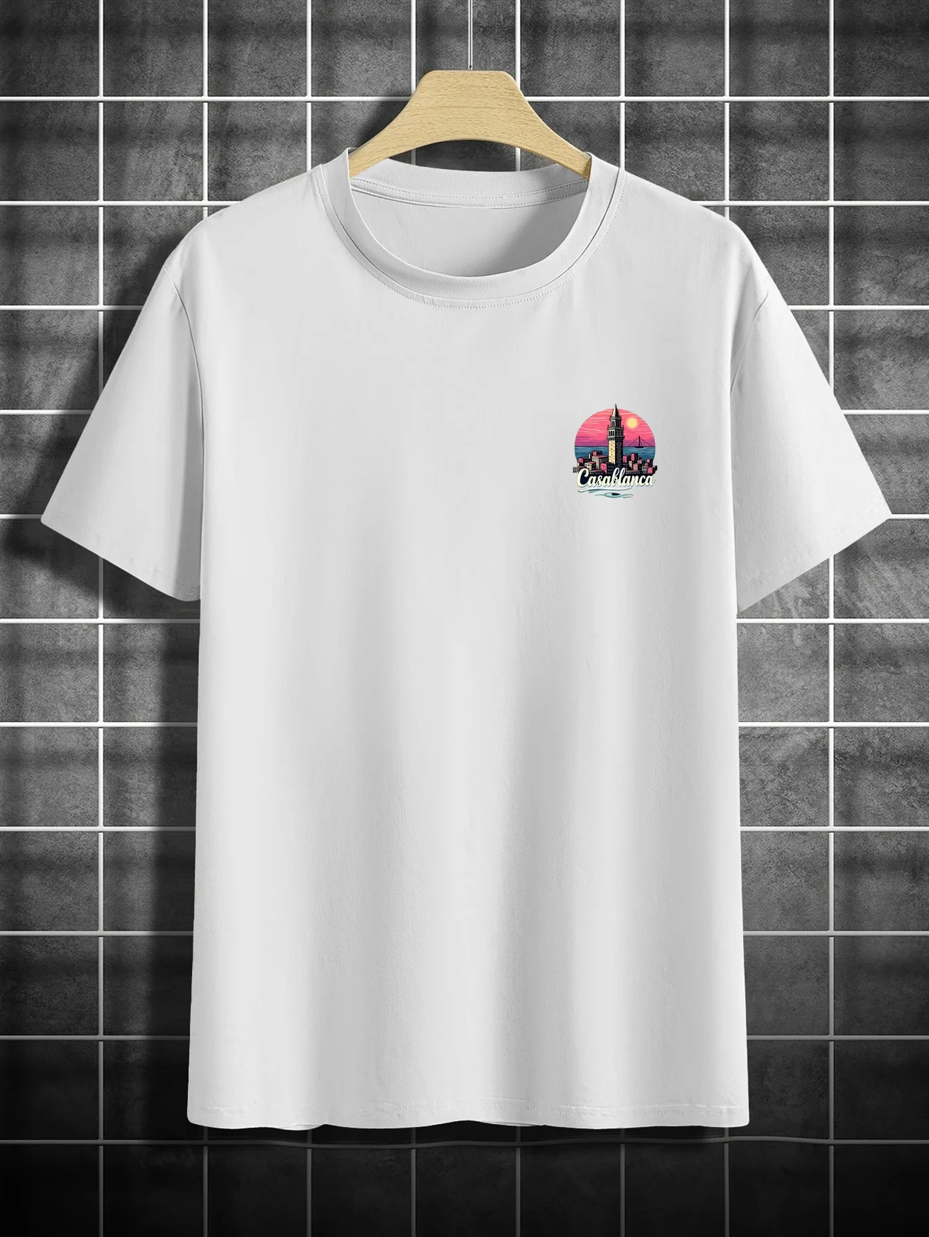 تي شيرت رجالي مطبوع عليه مدينة ريترو المغرب - تي شيرت صيفي كاجوال مع قمر هلال وتصميم المناظر الطبيعية الحضرية بأكمام قصيرة #4