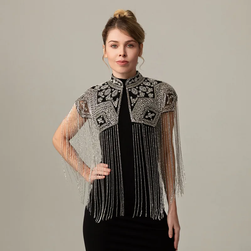 Indian Handmade Beaded Shawl Long Tassel Cloud Shoulder Pad Heavy Work Cape Ancient Style Fashion Show Studio