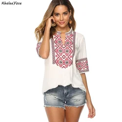 KHALEE YOSE Boho Floral Embroidery Blouse Shirt White Pink Summer Spring Mexican Shirt Women Lace Tie Up 2xl 3XL Ethnic Shirt