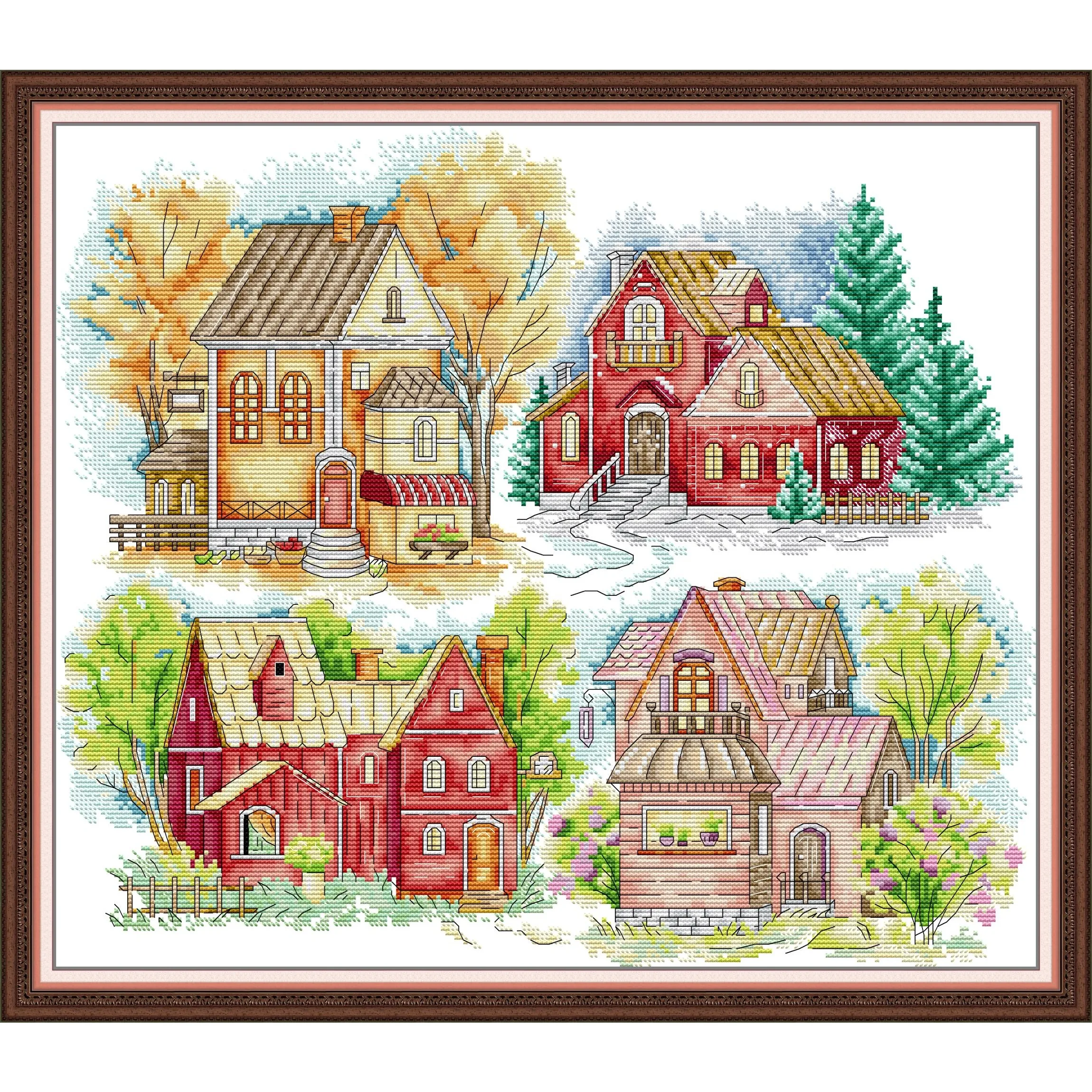 

Soulgift News Набор для вышивки крестом с предварительной печатью, штампованная ткань Аида с нитками DMC, набор для вышивания - сезонный красочный деревянный дом