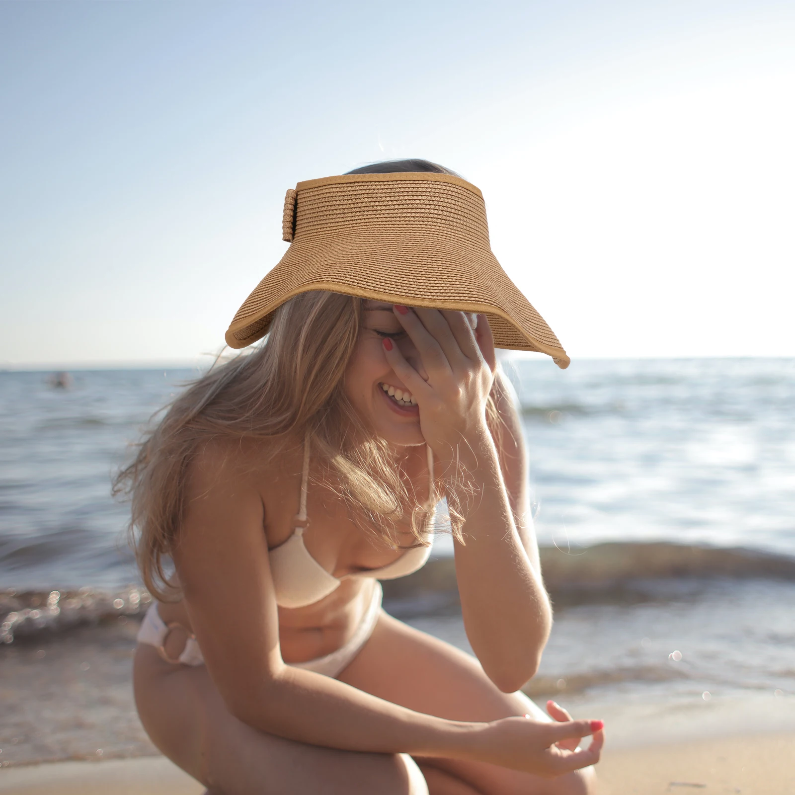 

Summer Straw Sun Hat for Women Khaki 14cm Brim 54 60cm Head Beach Vacation Foldable Breathing Design Wide Floppy Style