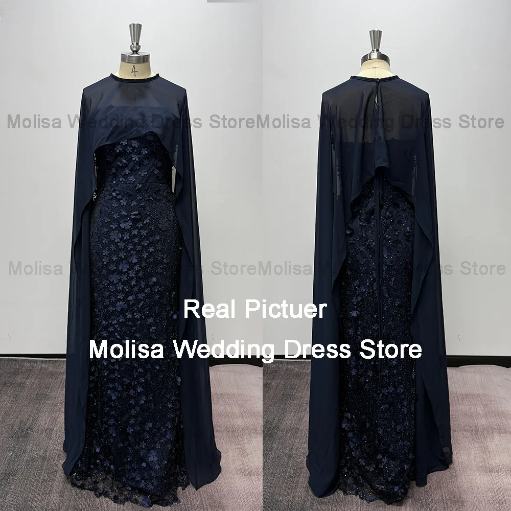 Navy Blue Mermaid Formal Occasion Dresses 2025 O-Neck Customized Long Ball Gowns With Shawl Lace Luxury Evening Party Gowns image 5