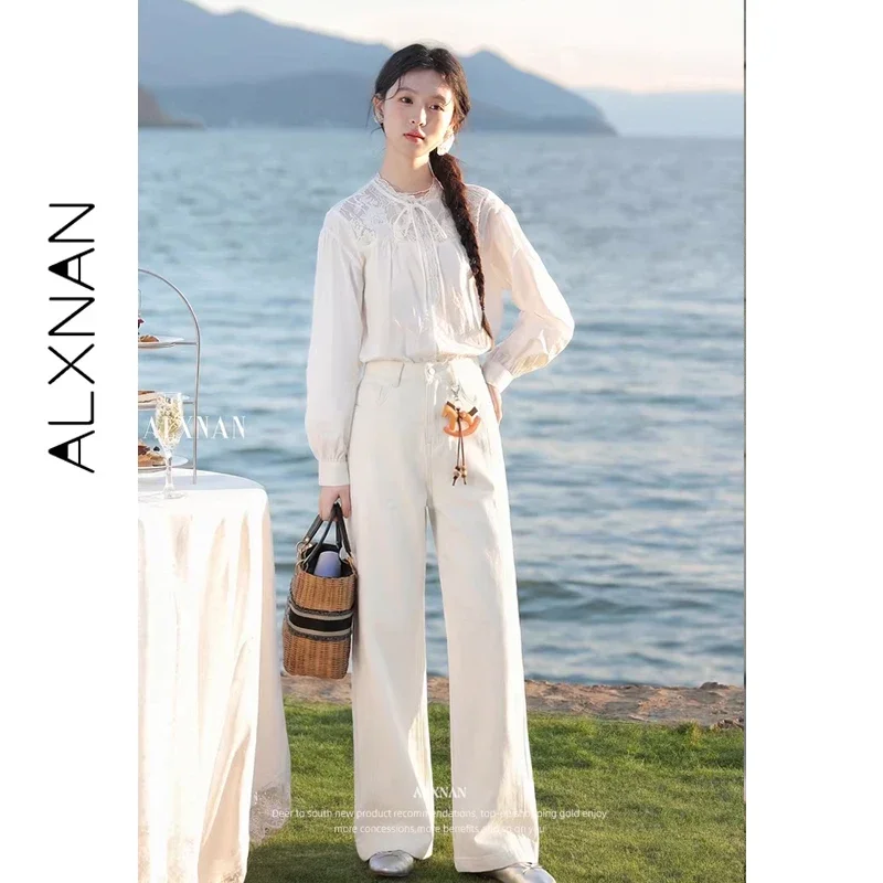 ALXNAN Women's White Jeans High Waist Wide Leg Denim Pants Casual Cotton 100% Flow Long Trousers 2026 Female Clothing L61361A