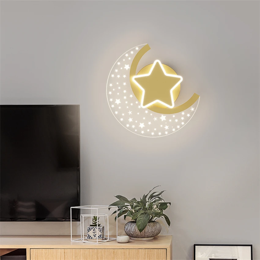 Lampu Dinding bulan akrilik Nordic lampu kamar tidur samping tempat tidur bintang mewah lampu tempat lilin dinding kamar anak-anak modern lampu LED dekorasi